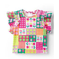 Babyhug Cotton Knit Frill Sleeves Top with Tropical Theme Print - Multicolor