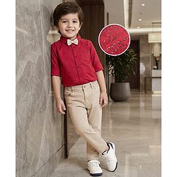 Babyhug Cotton Woven Full Sleeves Printed Shirt & Trouser Set with Bow - Maroon & Beige