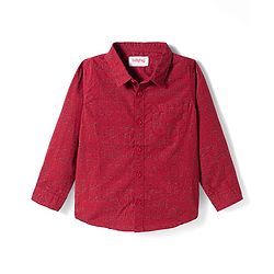 Babyhug Cotton Woven Full Sleeves Printed Shirt & Trouser Set with Bow - Maroon & Beige