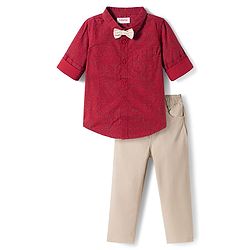 Babyhug Cotton Woven Full Sleeves Printed Shirt & Trouser Set with Bow - Maroon & Beige