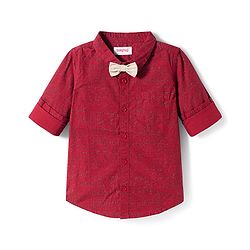 Babyhug Cotton Woven Full Sleeves Printed Shirt & Trouser Set with Bow - Maroon & Beige