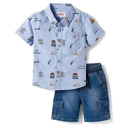 Babyhug Cotton Woven Half Sleeves Camping Printed Shirt & Denim Shorts Set - Blue