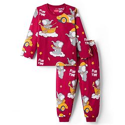 Babyhug Cotton Knit Full Sleeves T-Shirt & Pyjama Co-ord Night Suit With Elephant Print - Maroon