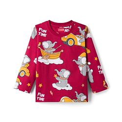 Babyhug Cotton Knit Full Sleeves T-Shirt & Pyjama Co-ord Night Suit With Elephant Print - Maroon