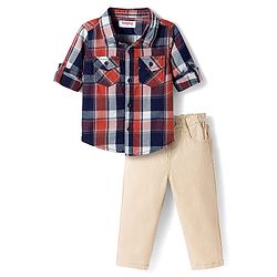 Babyhug Cotton Woven Full Sleeves Checkered Shirt & Trouser Set - Beige