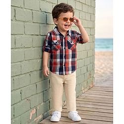 Babyhug Cotton Woven Full Sleeves Checkered Shirt & Trouser Set - Beige