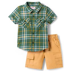 Babyhug 100% Cotton Woven Half Sleeves Checks Shirt & Shorts Set - Green & Khaki