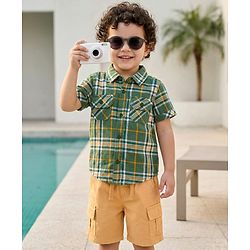 Babyhug 100% Cotton Woven Half Sleeves Checks Shirt & Shorts Set - Green & Khaki