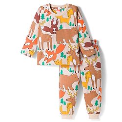 Babyhug Cotton Knit Full Sleeves Co-ords Night Suit with Jungle Theme Print - Brown