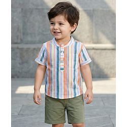 Babyhug Cotton Knit Half Sleeves Striped Shirt & Shorts Set - Multicolor