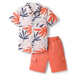 Babyhug Cotton Woven Half Sleeves Shirt & Shorts Set with Tropical Theme Print - Rust Orange & White