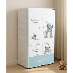Babyhug 3 Layer Plastic Kids Wardrobe & Storage Cabinet with Wheels  Bear & Music - White| Multipurpose Organizer for Toys, Books & Clothes| Anti-Slip Base| Easy Assembly| Sturdy High Density Plastic