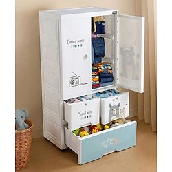 Babyhug 3 Layer Plastic Kids Wardrobe & Storage Cabinet with Wheels  Bear & Music - White| Multipurpose Organizer for Toys, Books & Clothes| Anti-Slip Base| Easy Assembly| Sturdy High Density Plastic