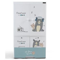 Babyhug 3 Layer Plastic Kids Wardrobe & Storage Cabinet with Wheels  Bear & Music - White| Multipurpose Organizer for Toys, Books & Clothes| Anti-Slip Base| Easy Assembly| Sturdy High Density Plastic