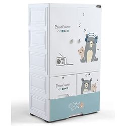 Babyhug 3 Layer Plastic Kids Wardrobe & Storage Cabinet with Wheels  Bear & Music - White| Multipurpose Organizer for Toys, Books & Clothes| Anti-Slip Base| Easy Assembly| Sturdy High Density Plastic