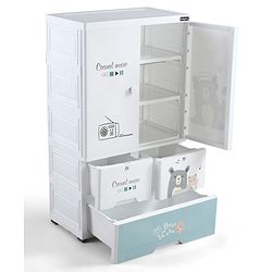Babyhug 3 Layer Plastic Kids Wardrobe & Storage Cabinet with Wheels  Bear & Music - White| Multipurpose Organizer for Toys, Books & Clothes| Anti-Slip Base| Easy Assembly| Sturdy High Density Plastic