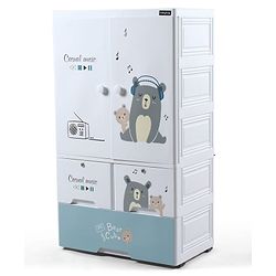 Babyhug 3 Layer Plastic Kids Wardrobe & Storage Cabinet with Wheels  Bear & Music - White| Multipurpose Organizer for Toys, Books & Clothes| Anti-Slip Base| Easy Assembly| Sturdy High Density Plastic