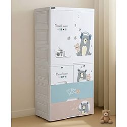 Babyhug 4 Layer Plastic Kids Wardrobe & Storage Cabinet with Wheels  Bear & Music - White| Multipurpose Organizer for Toys, Books & Clothes| Anti-Slip Base| Easy Assembly| Sturdy High Density Plastic
