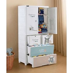 Babyhug 4 Layer Plastic Kids Wardrobe & Storage Cabinet with Wheels  Bear & Music - White| Multipurpose Organizer for Toys, Books & Clothes| Anti-Slip Base| Easy Assembly| Sturdy High Density Plastic