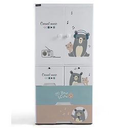 Babyhug 4 Layer Plastic Kids Wardrobe & Storage Cabinet with Wheels  Bear & Music - White| Multipurpose Organizer for Toys, Books & Clothes| Anti-Slip Base| Easy Assembly| Sturdy High Density Plastic