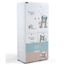 Babyhug 4 Layer Plastic Kids Wardrobe & Storage Cabinet with Wheels  Bear & Music - White| Multipurpose Organizer for Toys, Books & Clothes| Anti-Slip Base| Easy Assembly| Sturdy High Density Plastic
