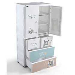 Babyhug 4 Layer Plastic Kids Wardrobe & Storage Cabinet with Wheels  Bear & Music - White| Multipurpose Organizer for Toys, Books & Clothes| Anti-Slip Base| Easy Assembly| Sturdy High Density Plastic