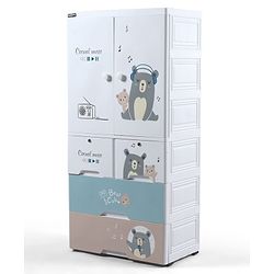 Babyhug 4 Layer Plastic Kids Wardrobe & Storage Cabinet with Wheels  Bear & Music - White| Multipurpose Organizer for Toys, Books & Clothes| Anti-Slip Base| Easy Assembly| Sturdy High Density Plastic