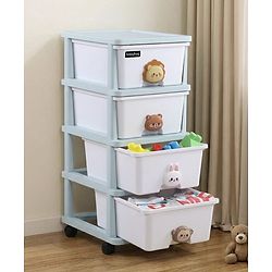 Babyhug 4-Layer Movable Kids Storage Cabinet Safari Theme Lockable Wheels High-Density Plastic Multi-utility Toy, Clothes & Book Organizer Easy Clean & Child-Safe Design Tool-free Assembly  Blue