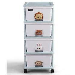 Babyhug 4-Layer Movable Kids Storage Cabinet Safari Theme Lockable Wheels High-Density Plastic Multi-utility Toy, Clothes & Book Organizer Easy Clean & Child-Safe Design Tool-free Assembly  Blue