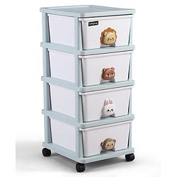Babyhug 4-Layer Movable Kids Storage Cabinet Safari Theme Lockable Wheels High-Density Plastic Multi-utility Toy, Clothes & Book Organizer Easy Clean & Child-Safe Design Tool-free Assembly  Blue