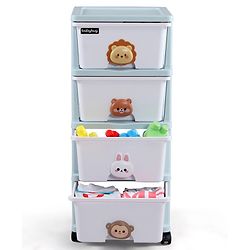 Babyhug 4-Layer Movable Kids Storage Cabinet Safari Theme Lockable Wheels High-Density Plastic Multi-utility Toy, Clothes & Book Organizer Easy Clean & Child-Safe Design Tool-free Assembly  Blue