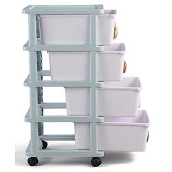 Babyhug 4-Layer Movable Kids Storage Cabinet Safari Theme Lockable Wheels High-Density Plastic Multi-utility Toy, Clothes & Book Organizer Easy Clean & Child-Safe Design Tool-free Assembly  Blue