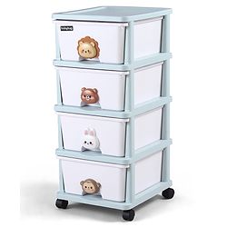Babyhug 4-Layer Movable Kids Storage Cabinet Safari Theme Lockable Wheels High-Density Plastic Multi-utility Toy, Clothes & Book Organizer Easy Clean & Child-Safe Design Tool-free Assembly  Blue