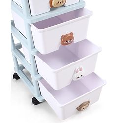 Babyhug 4-Layer Movable Kids Storage Cabinet Safari Theme Lockable Wheels High-Density Plastic Multi-utility Toy, Clothes & Book Organizer Easy Clean & Child-Safe Design Tool-free Assembly  Blue