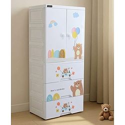Babyhug 4 Layer High Density Plastic Storage Cabinet Bear & Balloon Easy to Assemble Storage Organizer Smooth Wheels Easy Access Draws Easy Maintenance Cloths Toys & Book Organizer- White