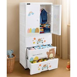 Babyhug 4 Layer High Density Plastic Storage Cabinet Bear & Balloon Easy to Assemble Storage Organizer Smooth Wheels Easy Access Draws Easy Maintenance Cloths Toys & Book Organizer- White