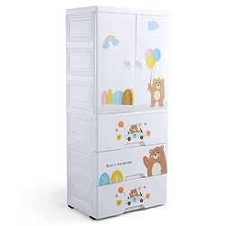 Babyhug 4 Layer High Density Plastic Storage Cabinet Bear & Balloon Easy to Assemble Storage Organizer Smooth Wheels Easy Access Draws Easy Maintenance Cloths Toys & Book Organizer- White