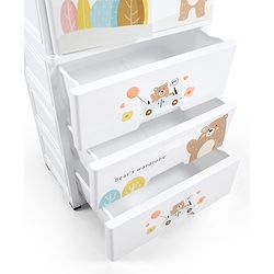 Babyhug 4 Layer High Density Plastic Storage Cabinet Bear & Balloon Easy to Assemble Storage Organizer Smooth Wheels Easy Access Draws Easy Maintenance Cloths Toys & Book Organizer- White