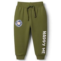 Babyhug Terry Knit Full Length Lounge Pant With Happy Me Print - Olive Green