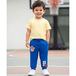 Babyhug Cotton Knit Full Length Lounge Pant with Bear Graphic - Blue