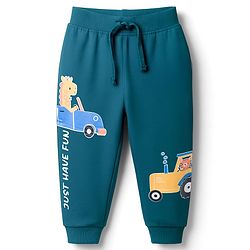 Babyhug Terry Knit Full Length Lounge Pant With Vehicle Print - Green