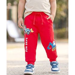 Babyhug Cotton Terry Knit Full Length Lounge Pant With Vehicle Print - Red