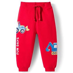 Babyhug Cotton Terry Knit Full Length Lounge Pant With Vehicle Print - Red