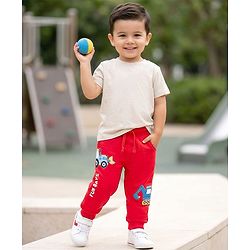 Babyhug Cotton Terry Knit Full Length Lounge Pant With Vehicle Print - Red