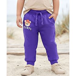 Babyhug Cotton Knit Full Length Lounge Pant With Teddy Bear Print - Purple