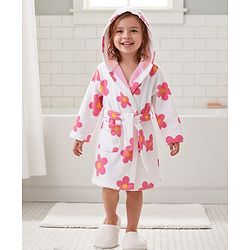 Babyhug Terry Knit Bathrobe with Hoodie & Floral Print - White