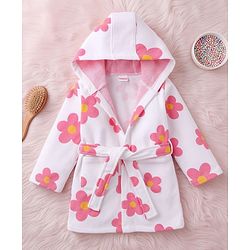 Babyhug Terry Knit Bathrobe with Hoodie & Floral Print - White