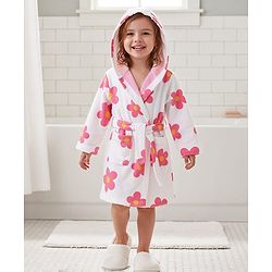 Babyhug Terry Knit Bathrobe with Hoodie & Floral Print - White
