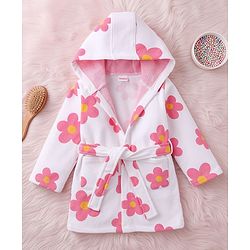 Babyhug Terry Knit Bathrobe with Hoodie & Floral Print - White