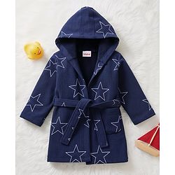 Babyhug Terry Knit Full Sleeves Hooded Bathrobe with Star Print - Navy Blue